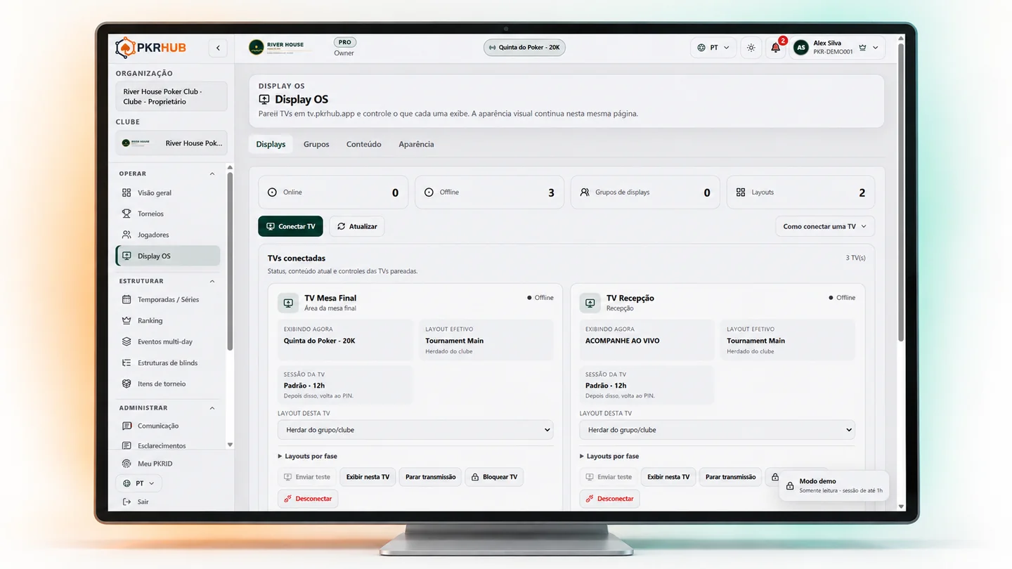 Tela do Display OS do PKRHUB para TVs e informações do torneio.